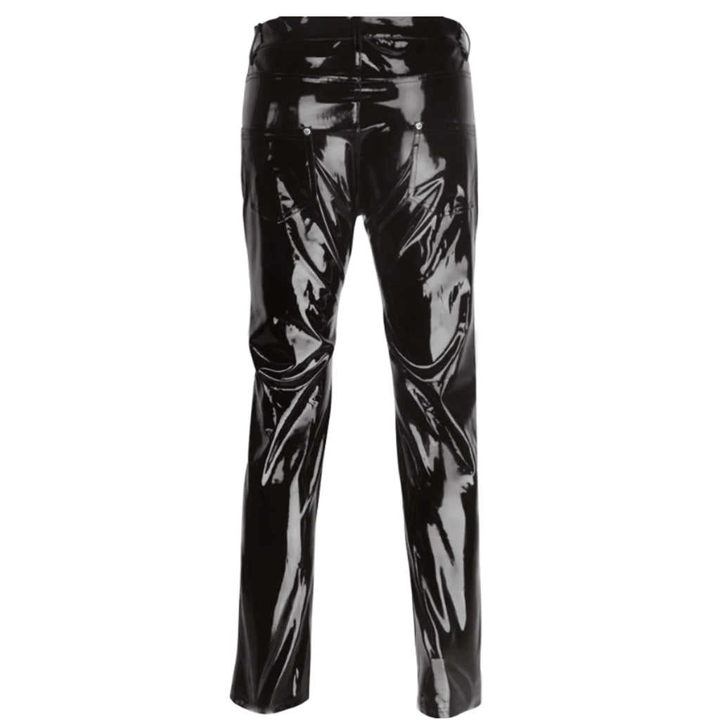 Men Latex Leather Pants Low Waist Faux Leather Shiny Pants Fashion Tight Trousers for Club Stage Show Rock Band Performance