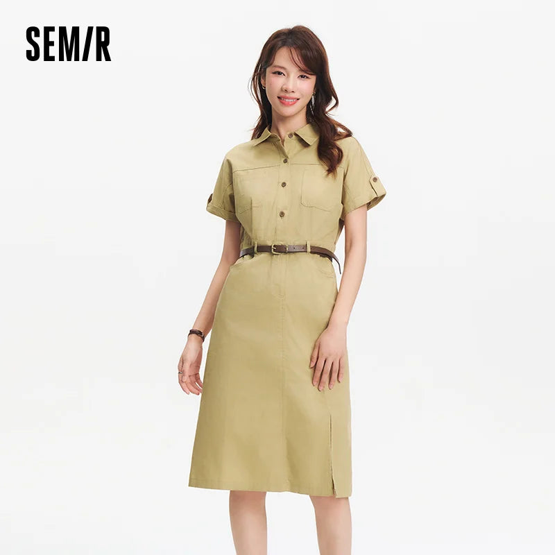 Semir Women Dress Shirt Collar Cotton Slit Midi Belt Slim Vintage Urban Workwear 2026 Summer Fashion Office Top
