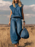 Fashion Denim Two Piece Set for Women Casual Solid Color Loose Simple Sleeveless Top Wide-leg Trousers Holiday Matching Set