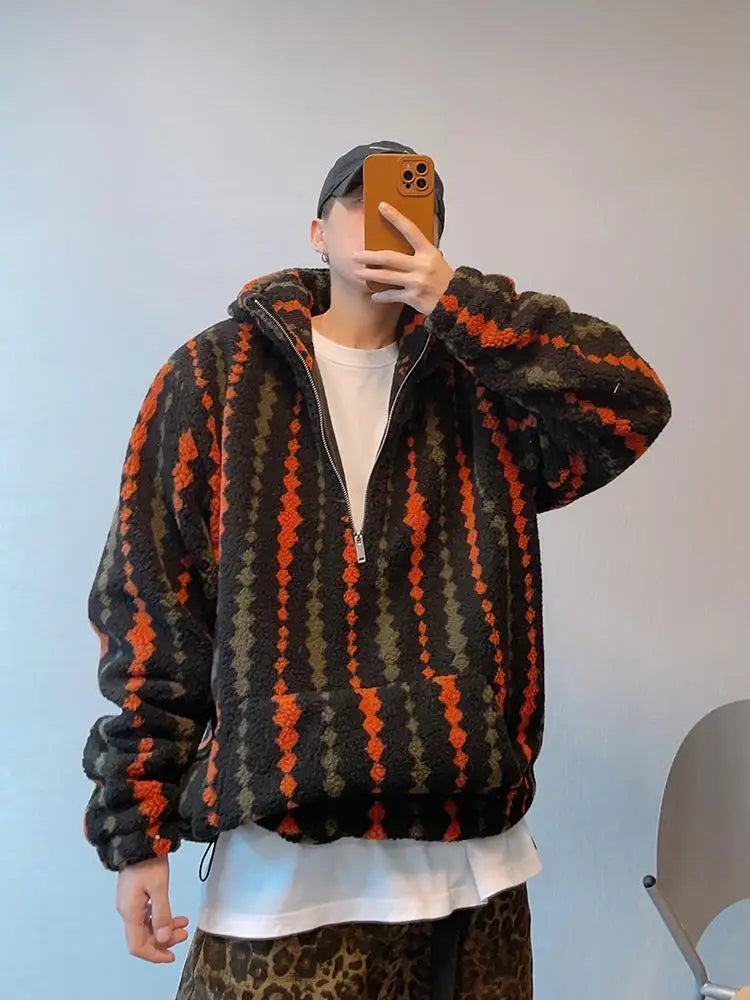 Retro Vertical Striped Autumn Winter Oversized Hooded Overcoat Men's Warm Velvet Loose Casual Half-zip Jackets Male Clothes