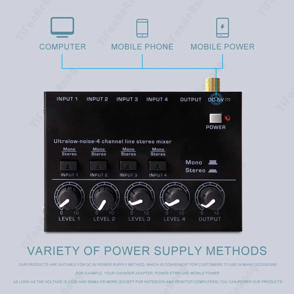 Professional Max400 Sound Mixer 4 Channel Mixer Stereo with 2pcs 6.5 3.5mm Converter RCA Output Mixer Mini Low Noise Sound Mixer