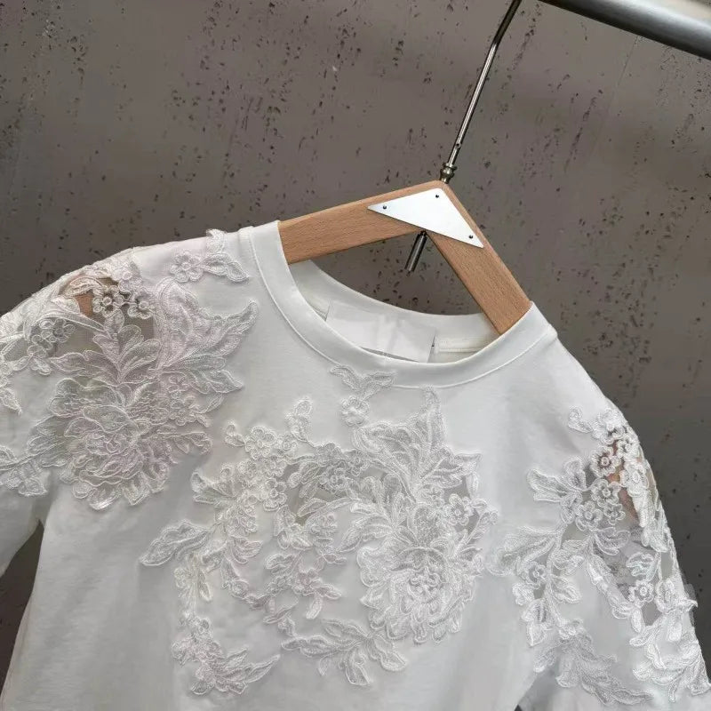 New 2026 Summer Women Casual T Shirts Short Sleeve Spliced Lace Embroidery Solid Color Ladies Fashion O Neck Pullover Tees Tops