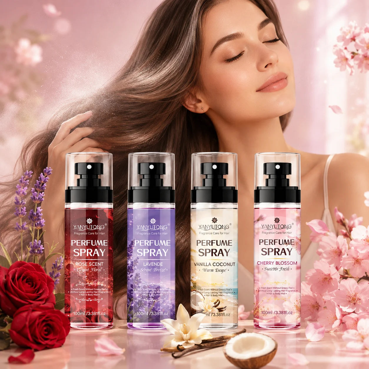 Four Scented Spray Options for Hair Care, Featuring Long-Lasting Fragrance, Moisturizing and Nourishing Properties, and a Silky,
