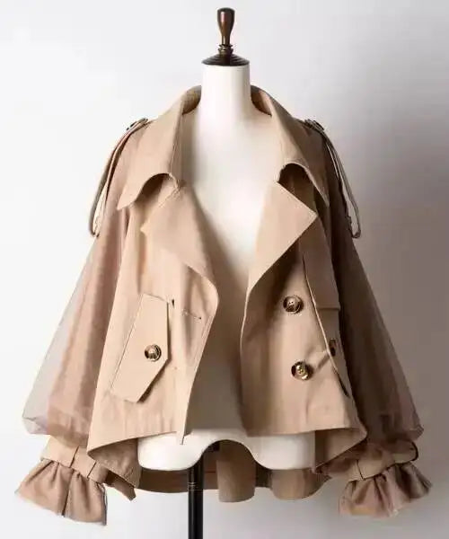 EAM Japanese Style Turn-Down Collar Double Breasted High-Low Hem Cropped Trench Coat Women's Jacket 2026 Autumn New