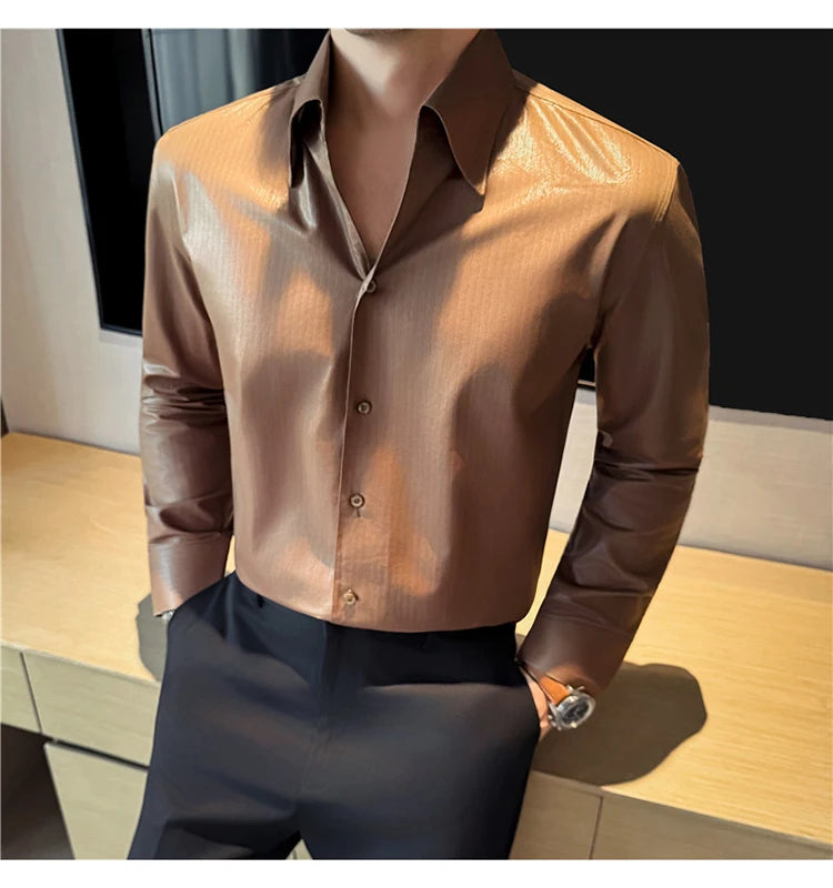 Men's 2026 Spring Luxury Lyocell Cotton Shirt, Leather-Like Texture Jacquard V-Neck, Long Sleeve Business Casual Top