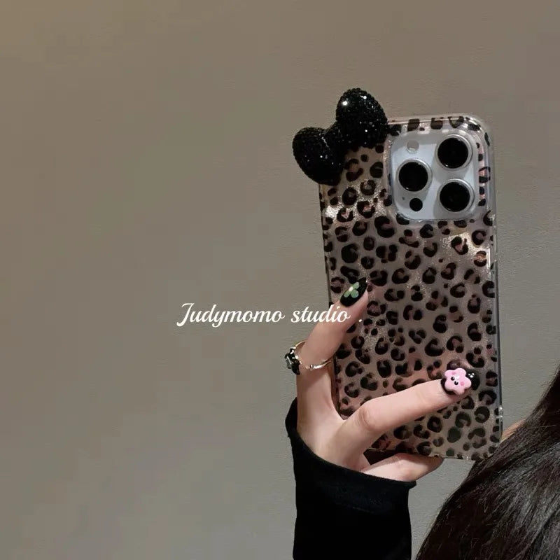 Colorful Leopard Blink Diamond Bowknot Lustre Lining Phone Case for iPhone 16 15 14 Plus 13 Mini 12 Pro Max 11 7 8 SE X XS XR