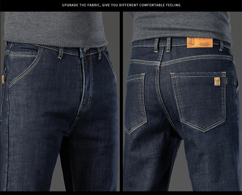 Men Winter Fleece Warm Jeans Brand 2024 Fashion Business Pants Retro Classic Denim Trousers Autumn Casual Stretch Slim Jeans Men
