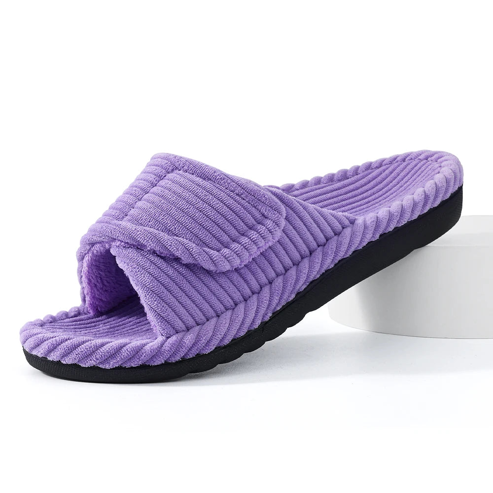 Kidmi Women Corduroy House Slippers Open Toe Bedroom Shoes With Adjustable Strap Soft Non‑slip Indoor Home Slides For Women