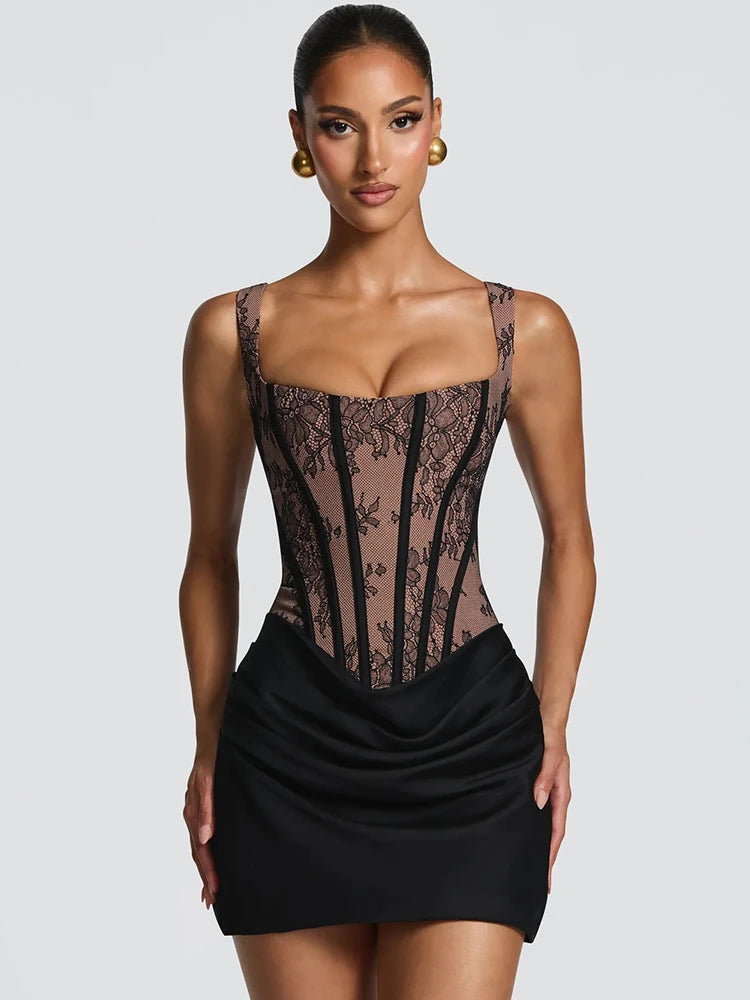 Women Square Neck Wide Strap Lace Corset Mini Dress  Ruched Satin Bodycon Short Dress Club Party Cocktail Vestidos