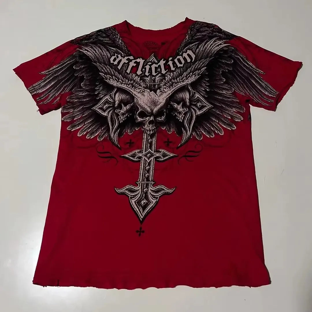 Affliction High Street Y2K Mens T shirt Retro Graphic Print Oversized T Shirt Harajuku Gothic Cotton Short Sleeve Tops New