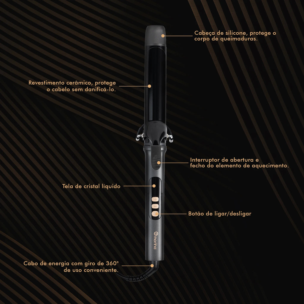 Hair Curler 32mm with LCD Display, Black and Gold, 5 Temperatures (140 °C-220 °C), Ceramic Coating, Bivolt 110-220V