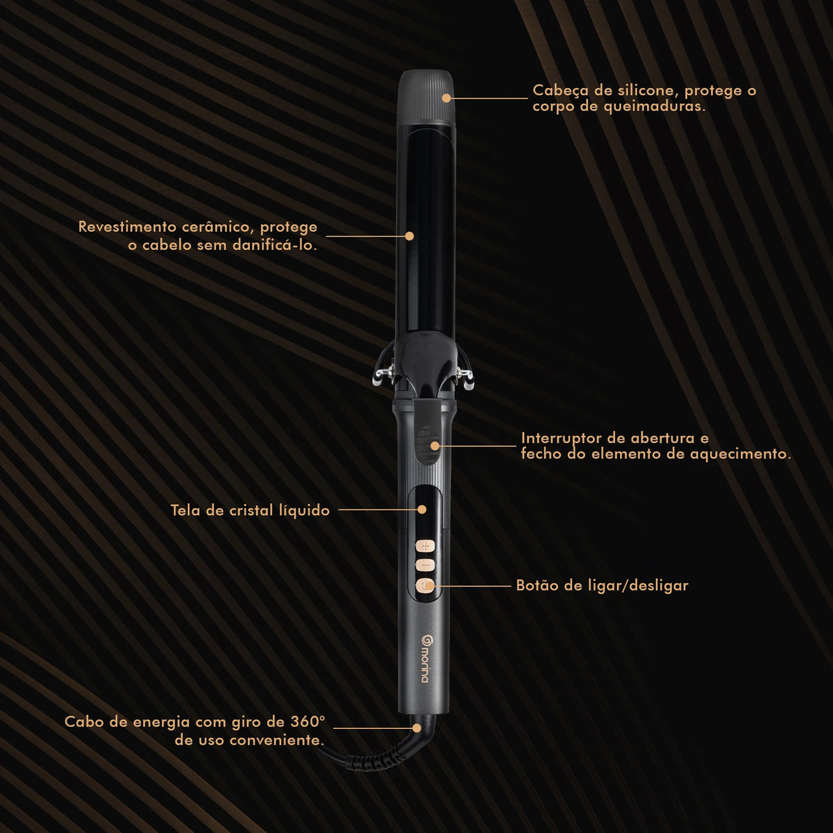 Hair Curler 32mm with LCD Display, Black and Gold, 5 Temperatures (140 °C-220 °C), Ceramic Coating, Bivolt 110-220V