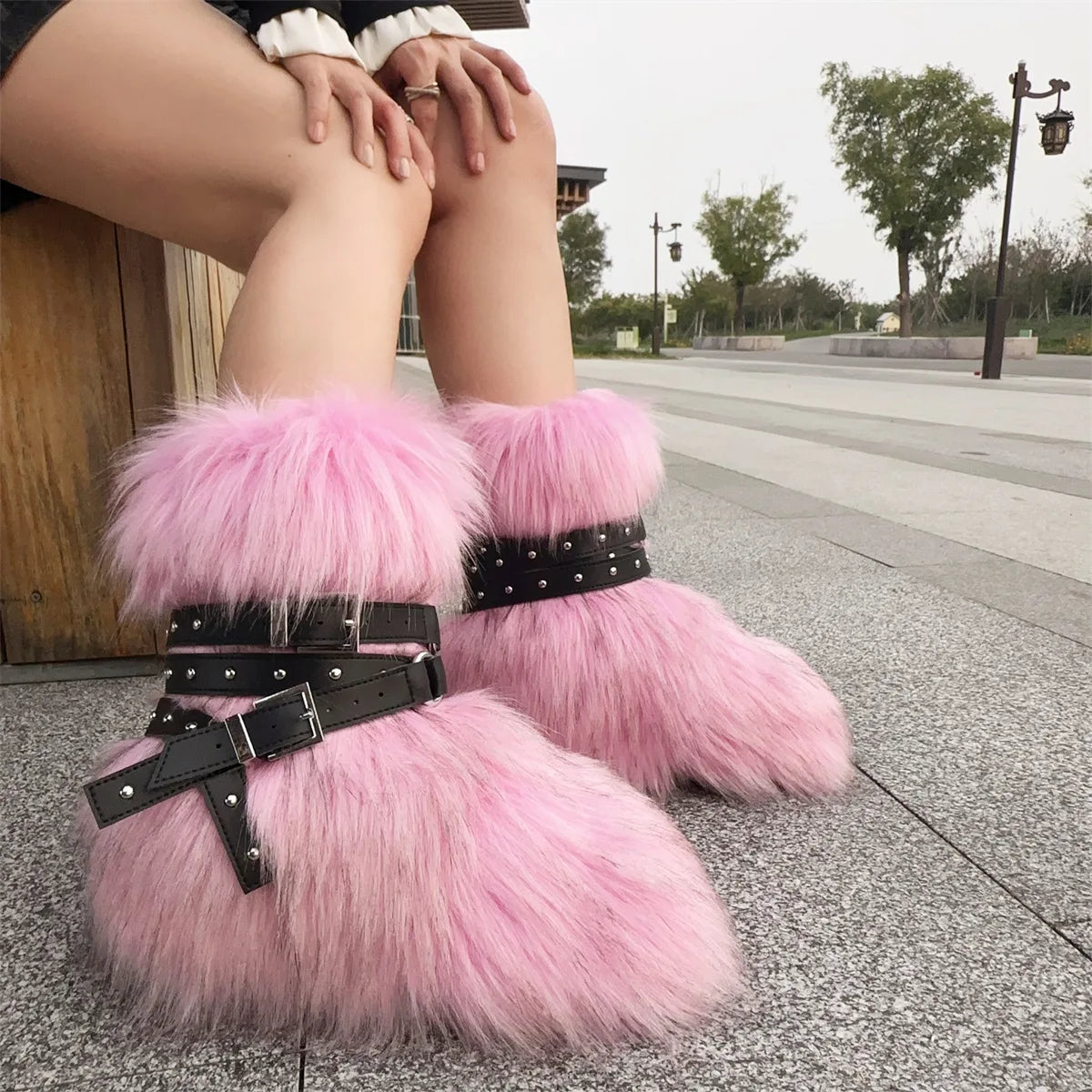 Winter Fur New Design Onepiece Raccoon FurFemale Snow Boots Fur shoes OutdoorMid Leg Boots y2k Cool Pink Girl