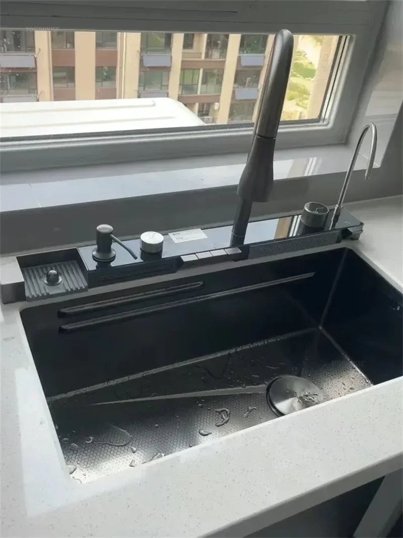 304 Stainless Steel Kitchen Sinks Large Single Bowl Nano Embossed Wash Basin Digital Display Modern Home Station