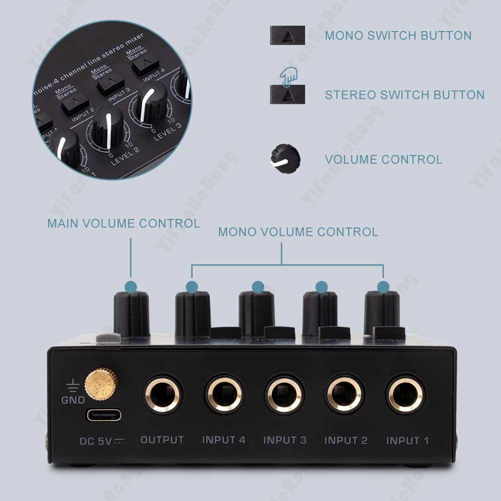 Professional Max400 Sound Mixer 4 Channel Mixer Stereo with 2pcs 6.5 3.5mm Converter RCA Output Mixer Mini Low Noise Sound Mixer