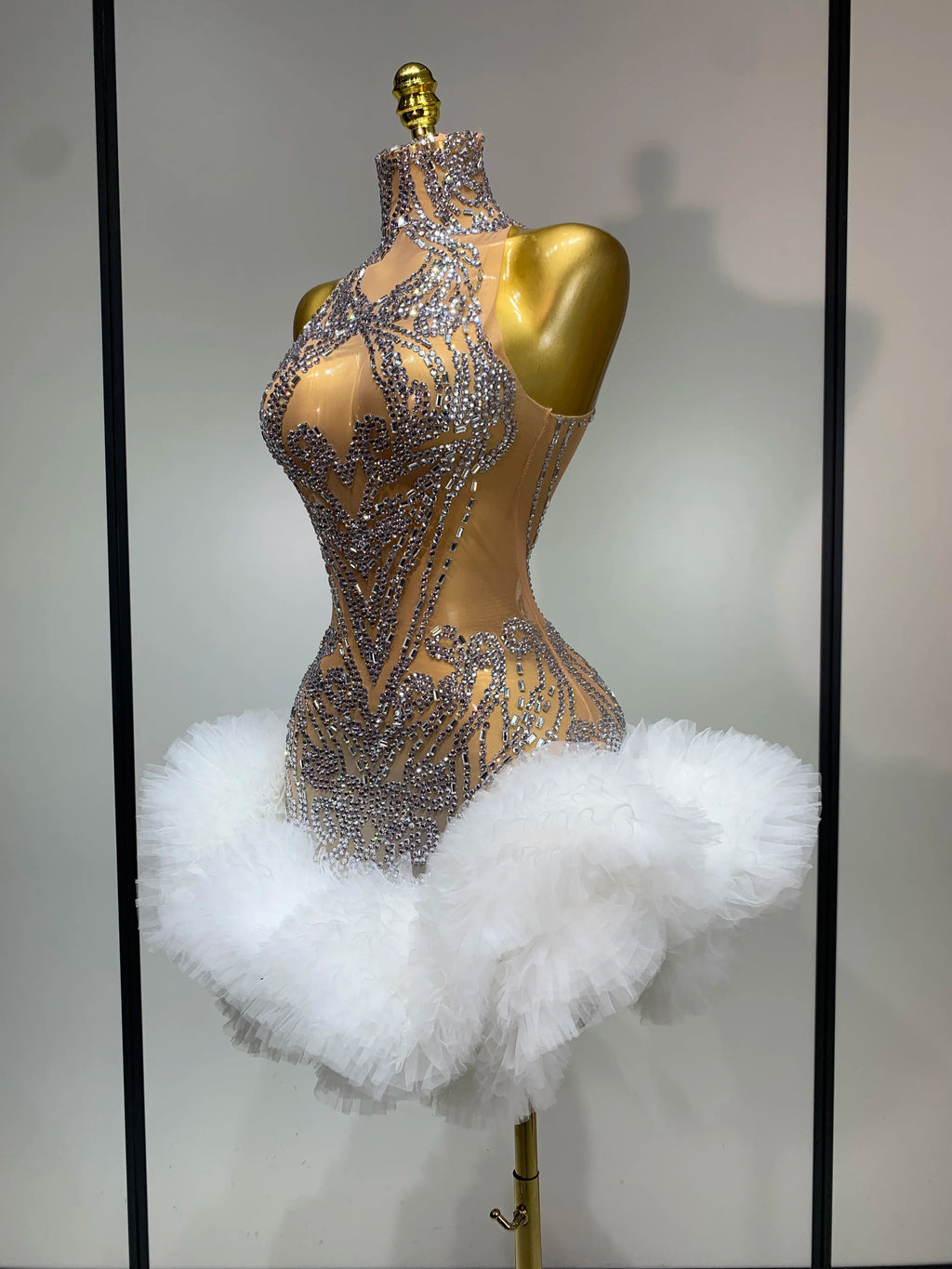 Luxury Women Sexy Sparkly Rhinestone Sleeveless Mesh See Through Bodycon Mini Birthday Dress Evening Party Performance Costume