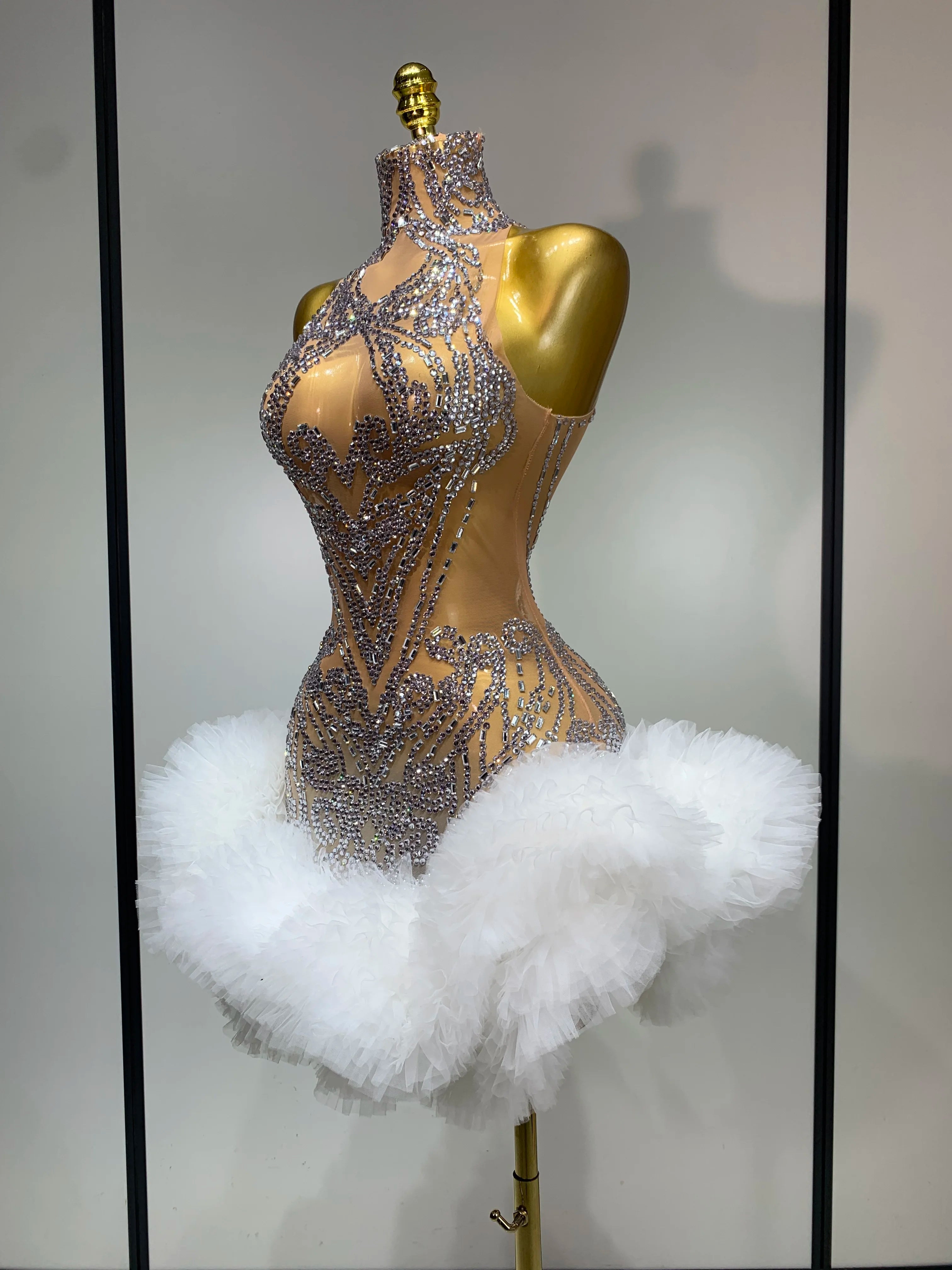 Luxury Women Sexy Sparkly Rhinestone Sleeveless Mesh See Through Bodycon Mini Birthday Dress Evening Party Performance Costume