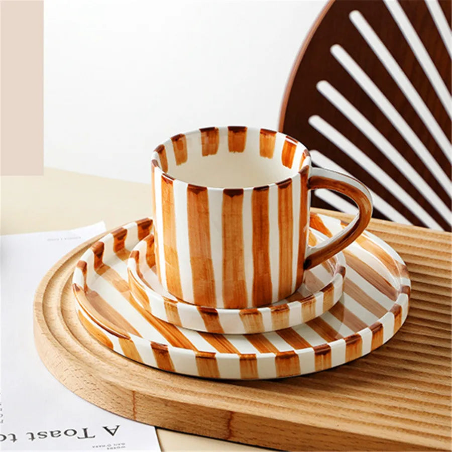280ml/9.5oz afternoon tea coffee cup, Minimalist striped hand drawn cup and plate set, ceramic milk coffee cup, household drinki