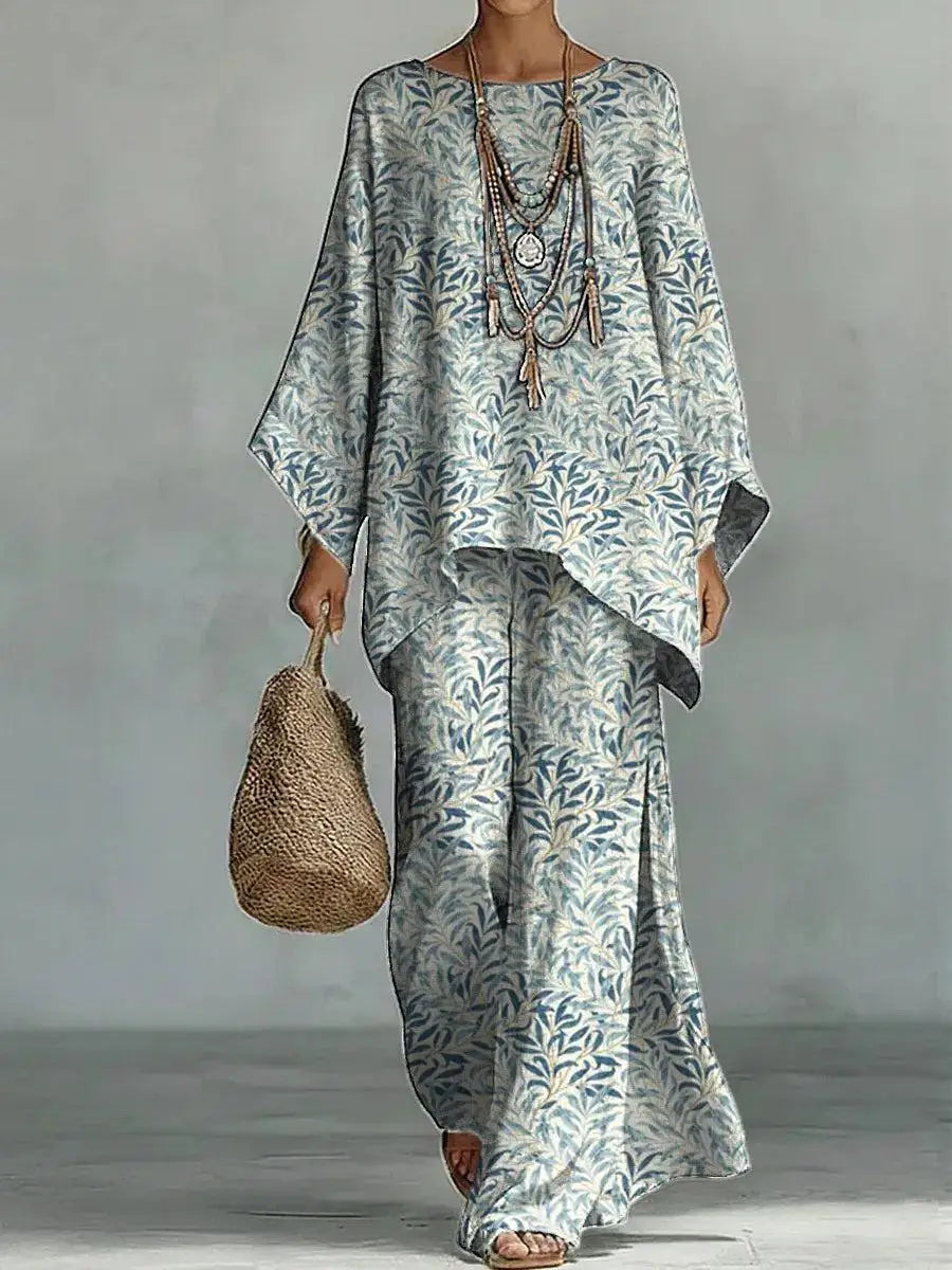 Bohemian Foreign Style Printed Women's Two-piece Set Spring Fashion O-neck Loose Top+wide Leg Pants Suit Ladies Office Outfit