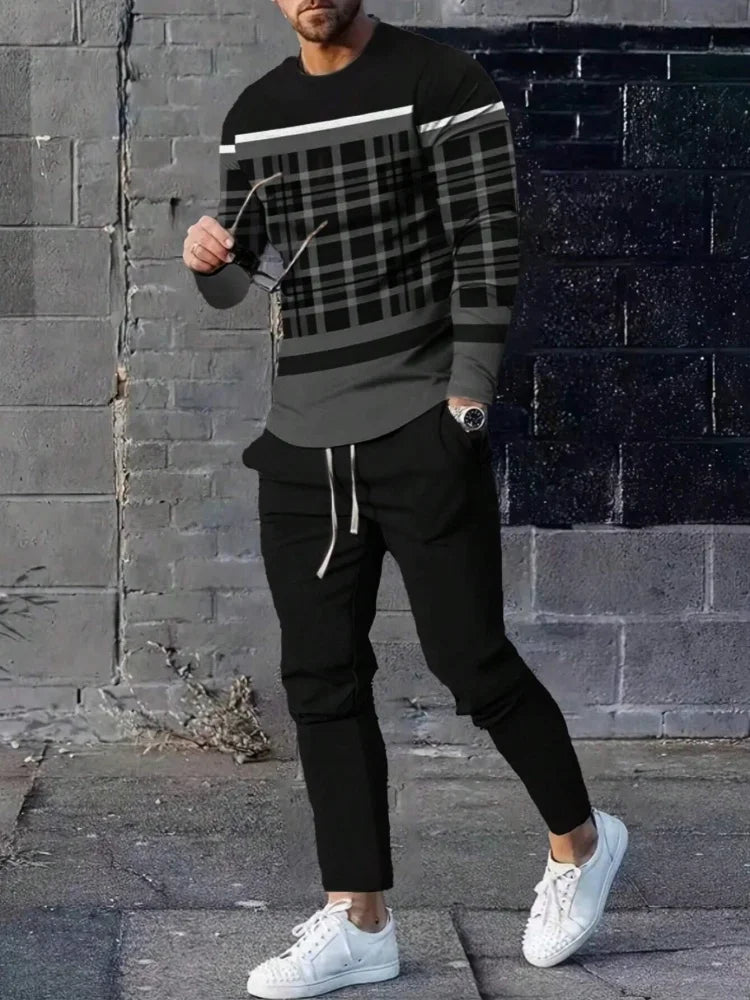 Magnificent Lion Print Men's Autumn Trend Round Neck Long Sleeve T-shirt 2pcs Outdoor Casual Comfortable Men's Top And Pants