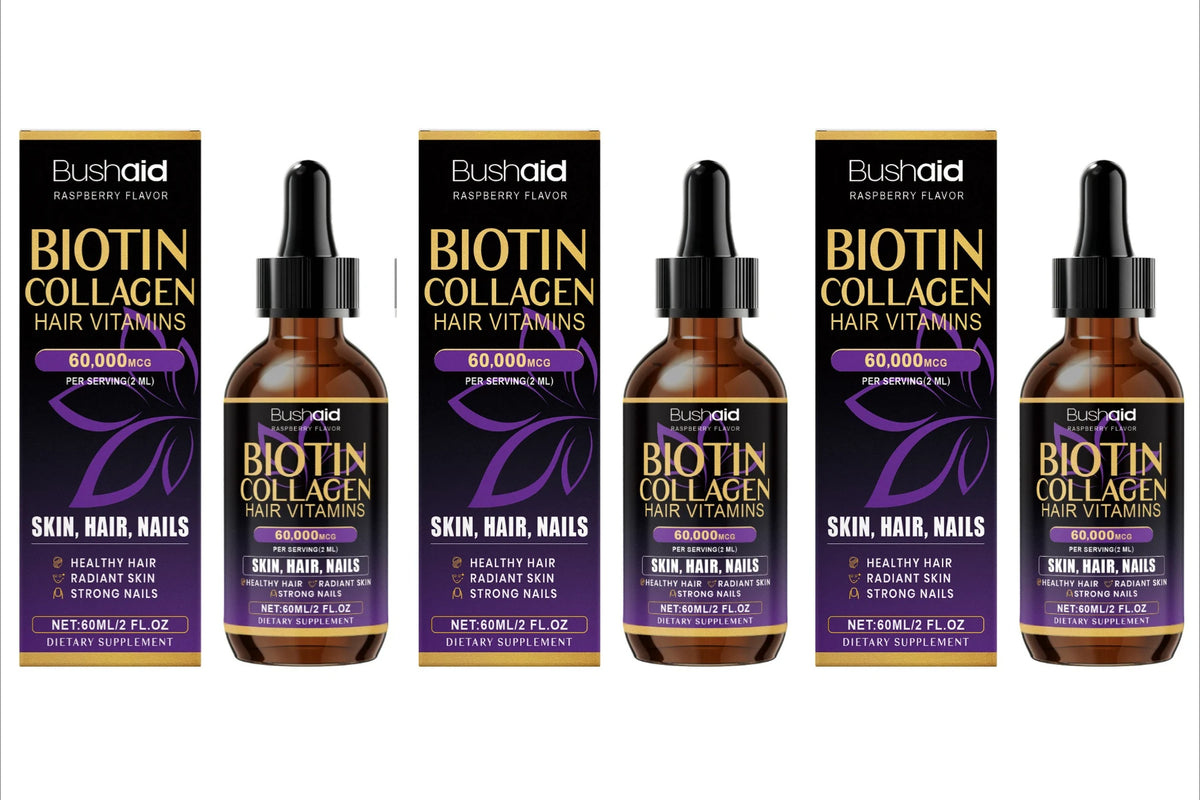 BushAid Biotin Collagen Hair Vitamins Liquid Drops Supports Strong Hair Structure and Helps Maintain Nail Toughness 60ml