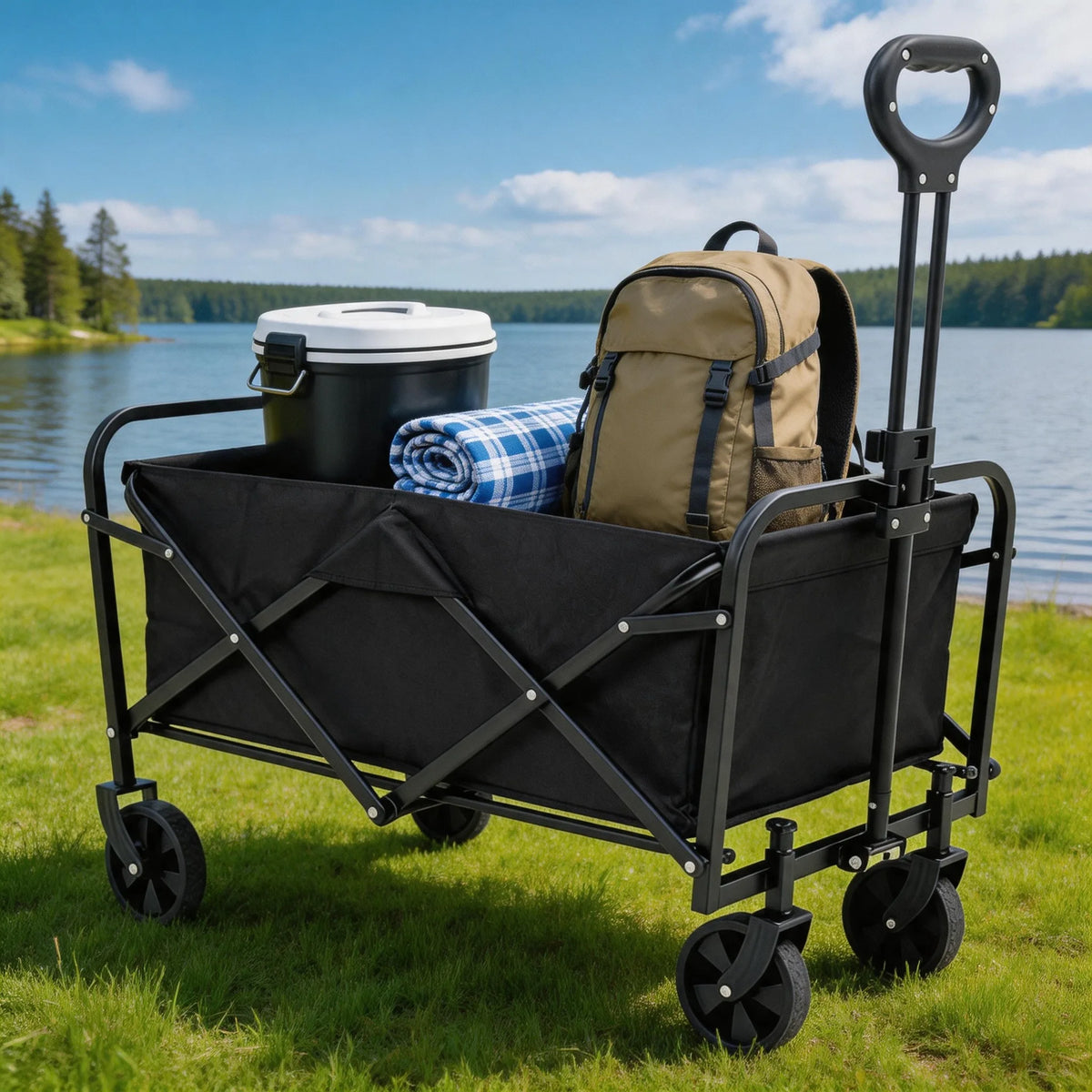 29.5' Heavy Duty Portable Foldable Trolley with All-Terrain Wheels Black for Beach Lawn Sports Camping - Durable Travel Cart