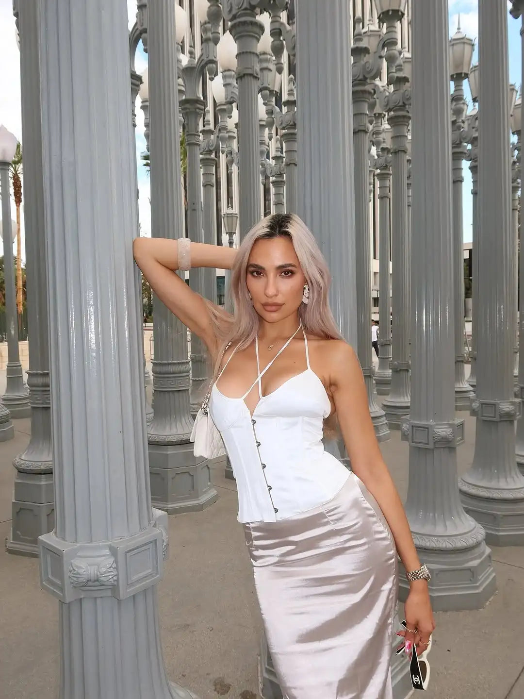 Guz White Satin Corset with Adjustable Back Straps, Slimming and Elegant Style, Strapless V-Neck Top, White Bodycon Skirt with Safety Shorts Design, Sexy Hot Girl Outfit