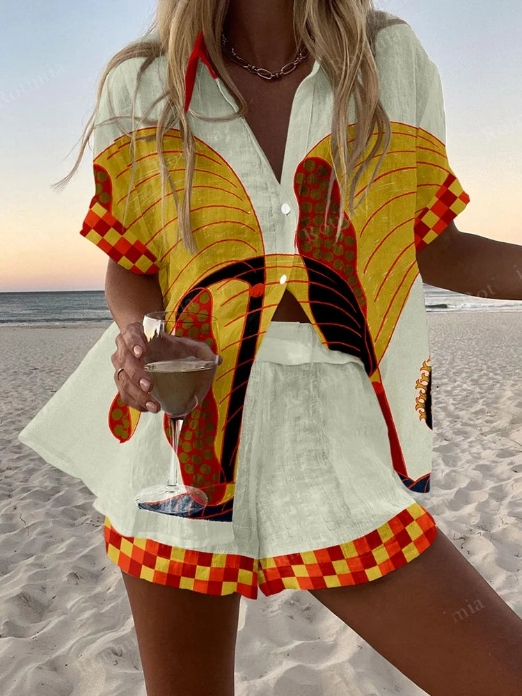 Fashion Women's Beach Holiday 2-Piece Suit Summer Print Short Sleeve Shirt Wide Legs Short Loose Two-Piece Sets Women Outfit