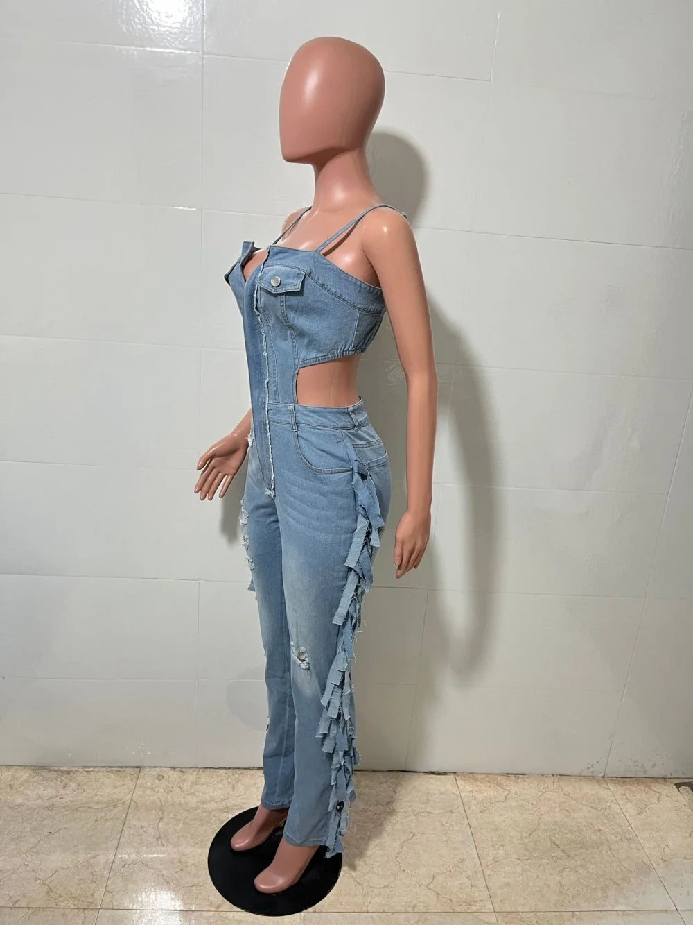 Slergiri Sexy Backless Spaghetti Strap Fringe Denim Jumpsuit Women Fashion New 2026 Summer Zipper Front Ripped Jeans Jumpsuit