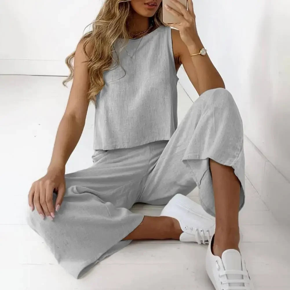 2025 Summer Two Piece Sets Women Sleeveless O-Neck Tank Top Wide Leg Pants Suits Female Casual Cotton Linen Solid Color Outfits