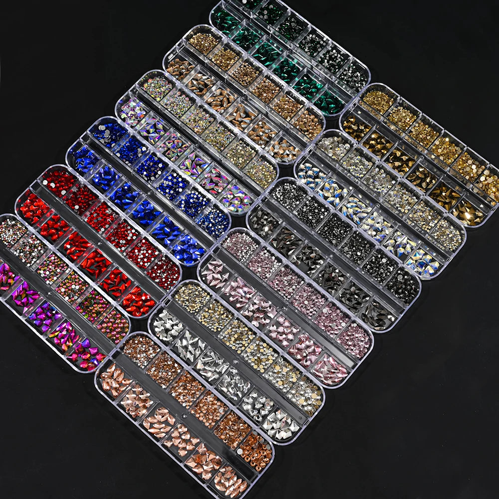 12Grids 3D Gold/Champagne Nail Art Rhinestones Mixed-Shapes Flat-Back Glass Diamonds Nails Charms Luxury DIY Manicure Decoration
