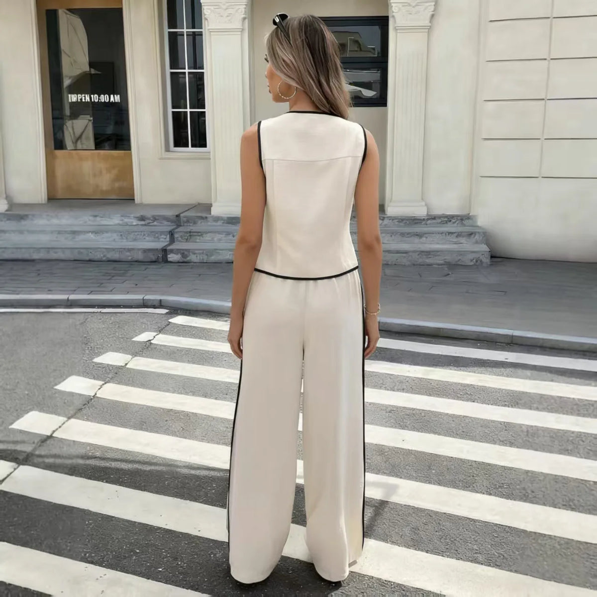 Summer 2026 Women's Color Block Sleeveless Single Button Vest And Drawstring Pants Set Fashionable Casual Outfit Polyester
