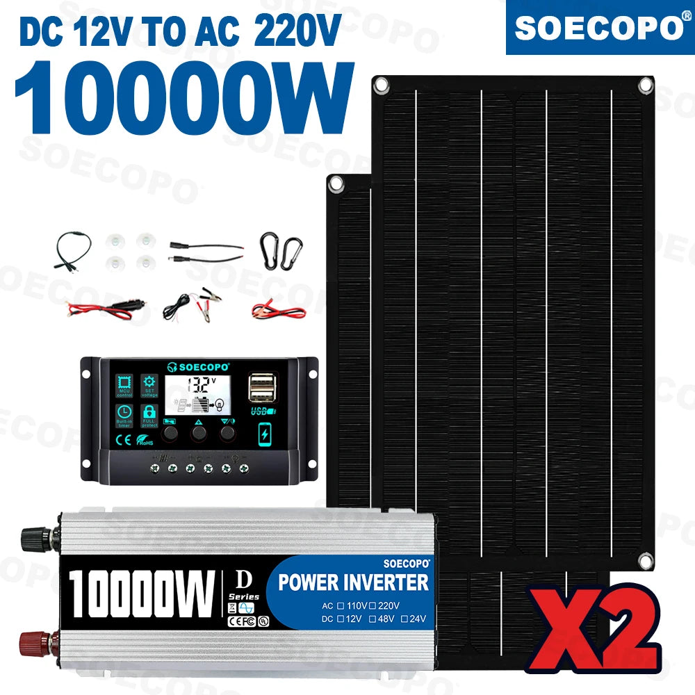 SOECOPO 10000W High-Efficiency Solar Kit 2x800W Panels 100A Controller 12V to 110V 220V Inverter for Boat RV Camping Off-Grid