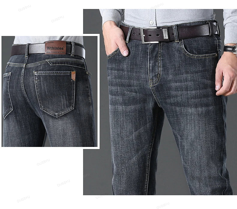 OUSSYU Brand Classic Retro Blue Men's Jeans Denim Pants Work Streetwear Straight Stretch Business Autumn Winter Cotton Trousers