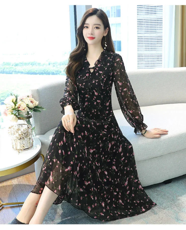 Woman Dress Summer Autumn New Long Sleeve Small Floral Chiffon Dress Dress Vestido De Mujer
