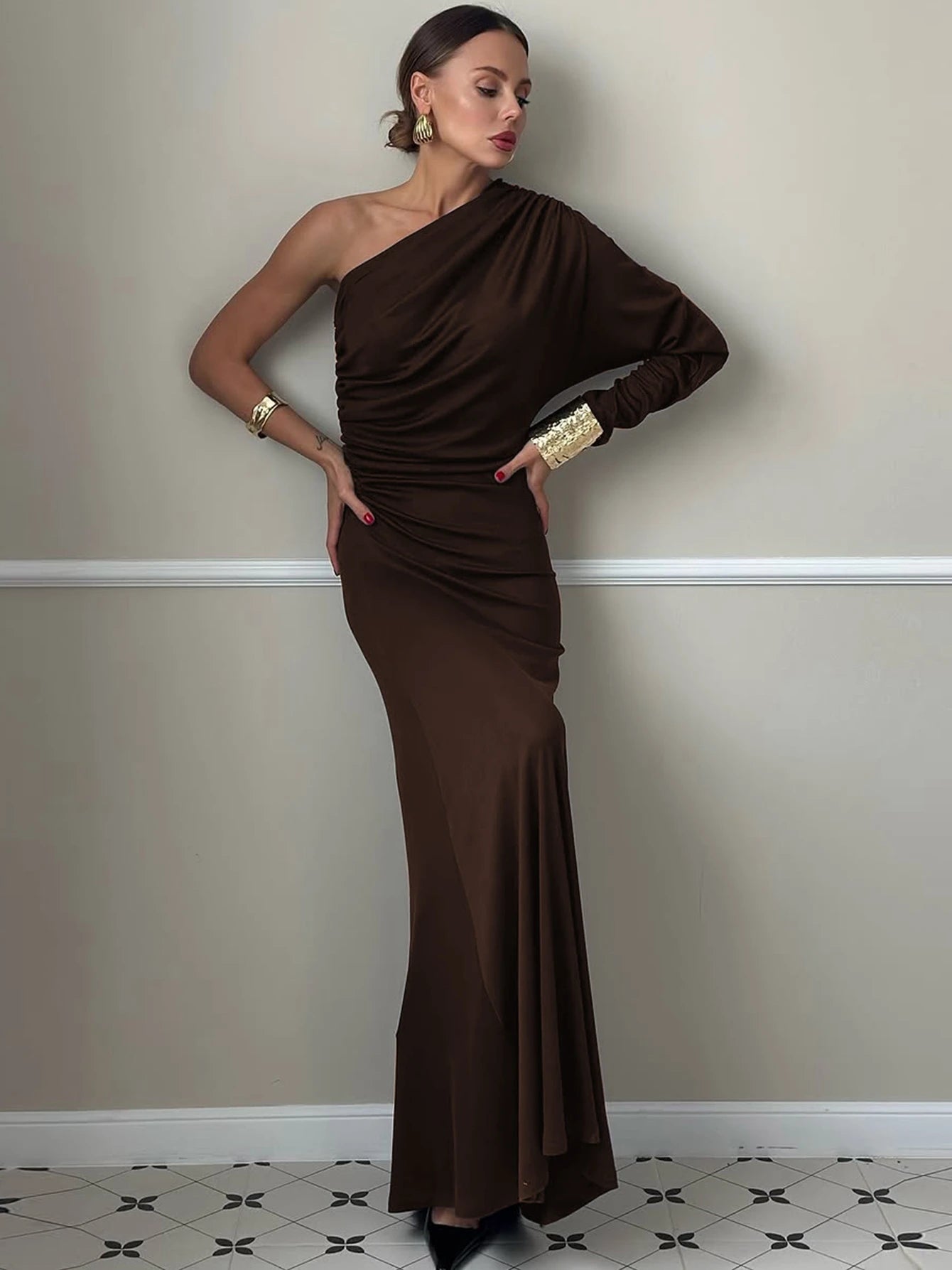 Dulzura One-Shoulder Long Sleeve Slim Fit Ruched Long Dress Women'S Solid Sexy Elegant Clothes Evening Party Club Autumn Clothes