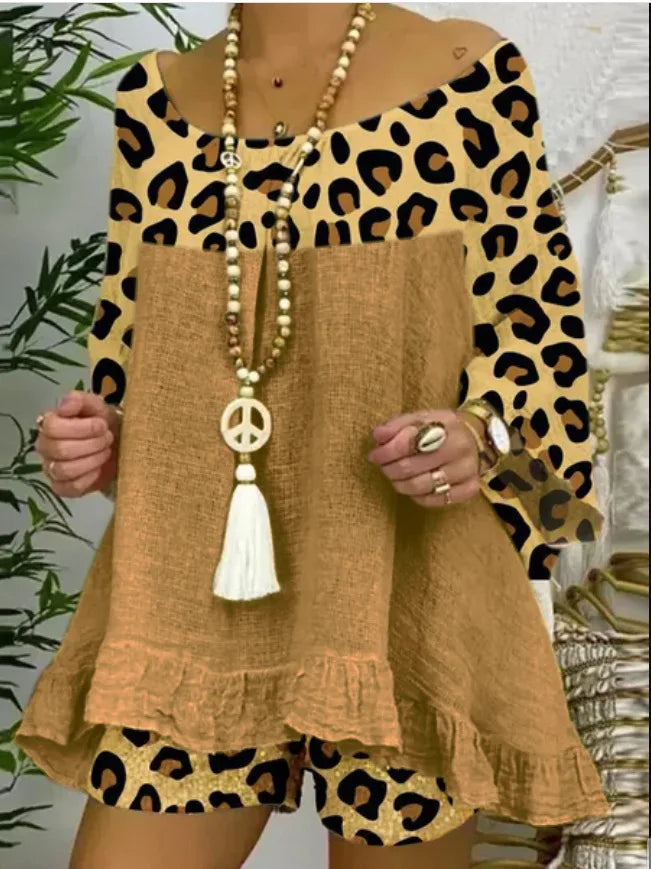 Linen Blouse Tops And Loose Shorts Suit Vintage Two Piece Set Print Sets Female Leopard Patchwork Outfit