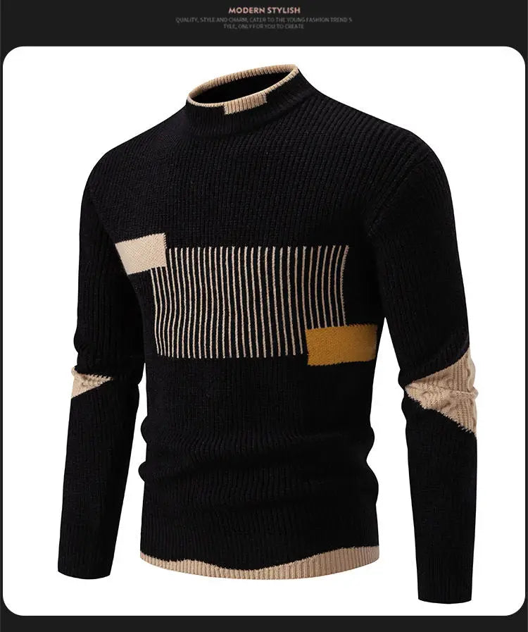 Striped Jacquard Man Pullover Sweaters Jersey Cuello Alto Hombre Autumn Winter Half High Collar Long Sleeve Men Knitted Sweater