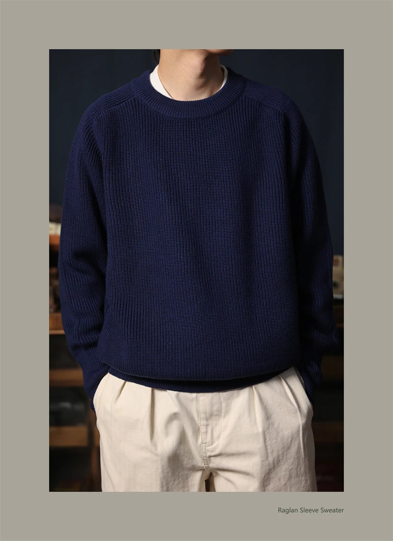 Classic Raglan Sleeve Crewneck Sweater Vintage Style Men's Wool Blend Knitted Pullover Jumper Thick