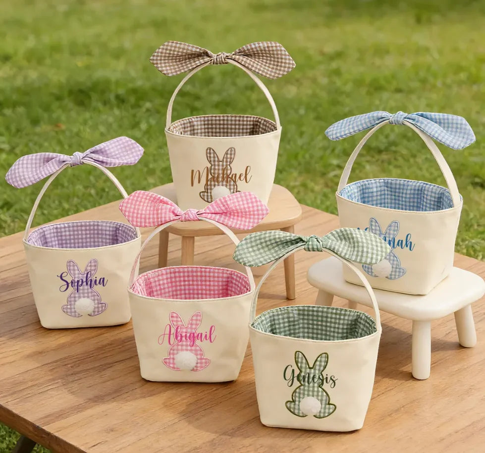 Personalized Easter Basket, Custom Embroidered Name, Bunny Rabbit Basket, Easter Egg Hunt Basket, Easter Gift for Kids