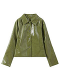 Women's Skirt Sets Crocodile Faux Leather Lapel Long Sleeve Button Oversized Jackets Straight Skirts Autumn Female Loose Outfits