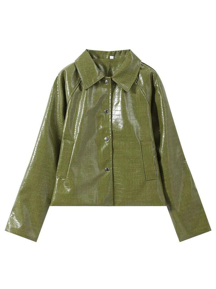Women's Skirt Sets Crocodile Faux Leather Lapel Long Sleeve Button Oversized Jackets Straight Skirts Autumn Female Loose Outfits