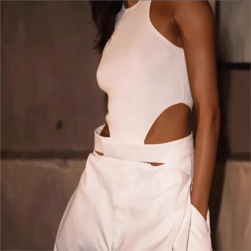 2025 Elegant White Jumpsuit Round Neck Sleeveless Hollow Irregular Slim High Waist Wide Leg Rompers High Street Women's Clothing