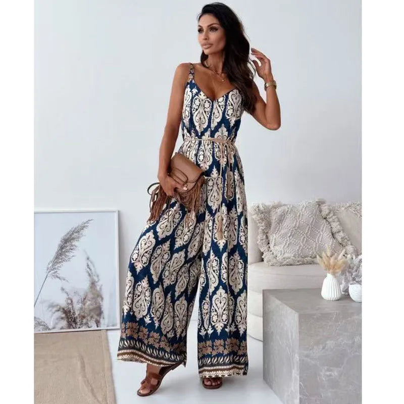 Summer European American Printed Camisole Jumpsuit Women's New Loose Casual Beach Vacation Plus Size Jumpsuit S450