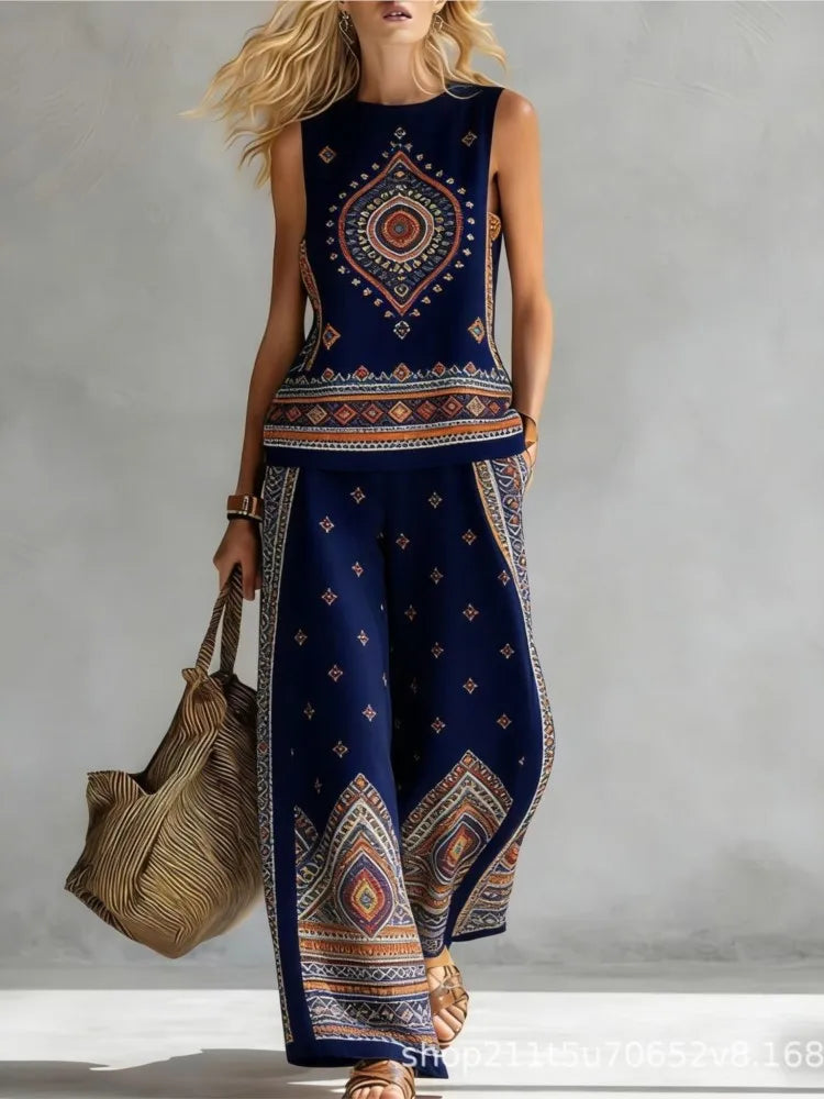 Fashion Retro Printed Sleeveless Tops Trousers 2-piece Set Women's Summer Casual Vest Loose Wide Leg Trousers Female Suit Pocket