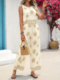 Women's Boho Floral Print Sleeveless Top and Wide Leg Pants Two Piece Set