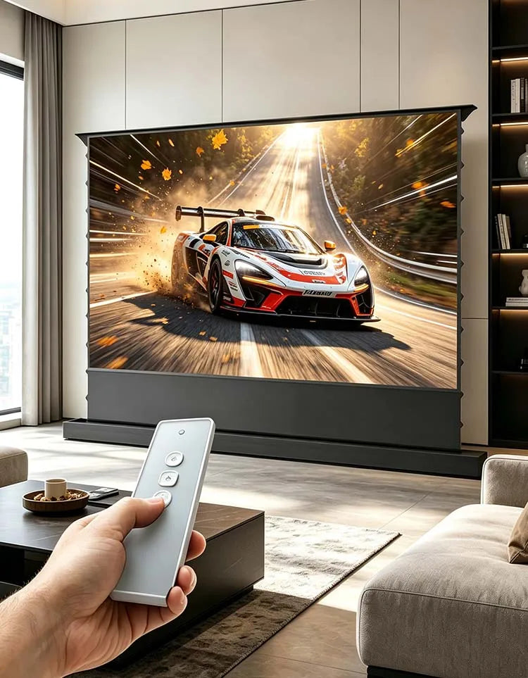 Motorized Floor Rising ALR Acoustic Transparent Projector Screen, 8K High Contrast Perforated Short Throw Home Theater Screen