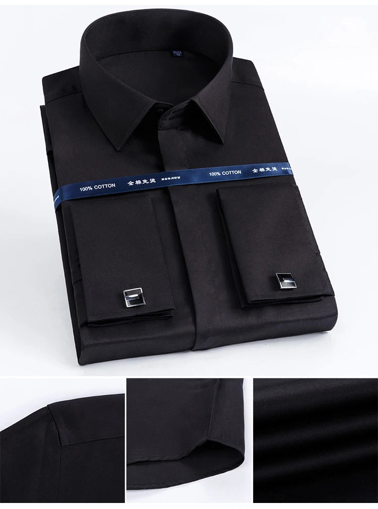 Men's 100% Cotton Iron-Free French Cuff Shirt Front Hidden Buttons Removable Collar Stays Formal Business Long Sleeve Shirts