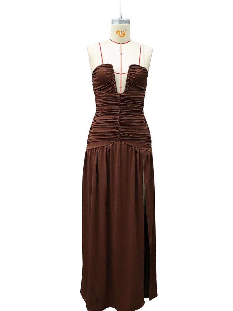 Rinabe Deep V Neck Strapless Maxi Dress Chic Solid Off-shoulder Backless Split Elegant Evening Dress Women Chic Slim Dresses