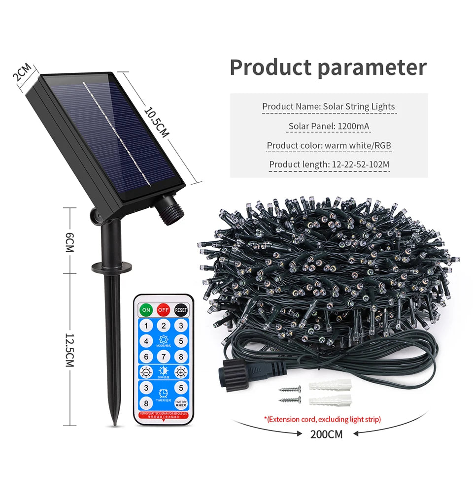 Built-in Large Capacity Battery Solar Outdoor Led String Lights Waterproof Durable Garden Lamp for Camping Wedding Birthday Part